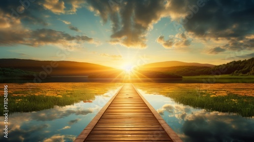Tranquil sunrise over a wooden path winding through a lush swamp on a serene summer morning