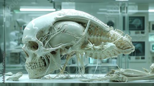 white skinned alien carcass with an extended skull head in scientific lab. Sci fi scene. photo