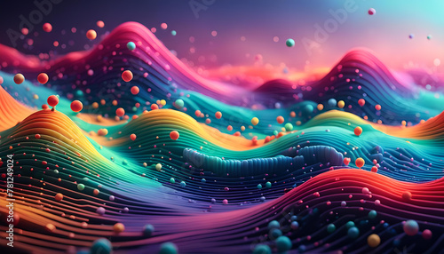 Hintergrund und Vorlage aus regenbogen bunten dynamischen Wellen 3D Landschaft mit Fraktalen Linien und Punkten schwebend, wie technische Analyse Auswertung moderne Technik Struktur Steuerung photo