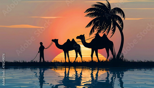 3d illustration of a lonely camel in the desert in Egypt at sunset