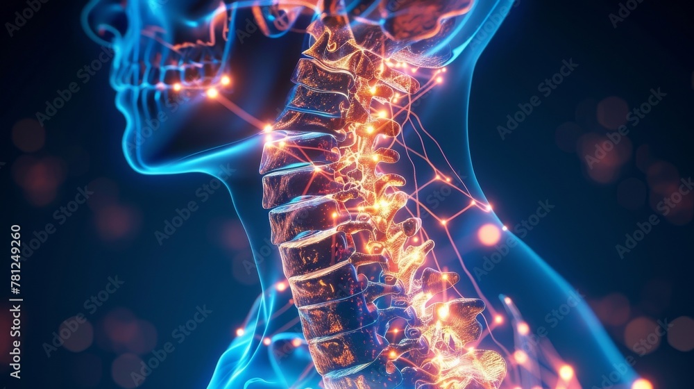 Glowing neural pathways depicting neck strain, deep blue ambiance, emphasis on cervical spine - obrazy, fototapety, plakaty 