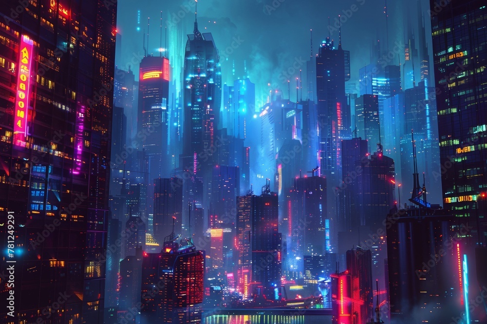 Futuristic skyline lit with neon lights with towering buildings