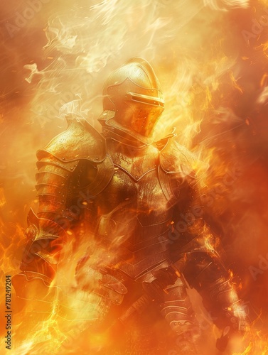 A valiant knight in shimmering armor standing amid gentle flames, with a softfocus mystical sky photo