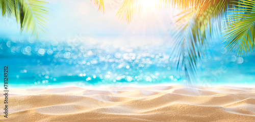 Beach Holiday - Sand And Defocused Palm Leaves In Sunny Abstract Seascape With Glittering In Ocean