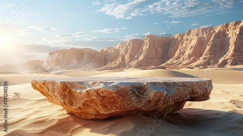 Fototapeta Naklejka Na Ścianę i Meble -  Stone podium for product presentation in sandy desert. Generative AI