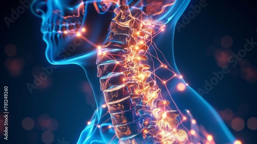 Glowing neural pathways depicting neck strain, deep blue ambiance, emphasis on cervical spine