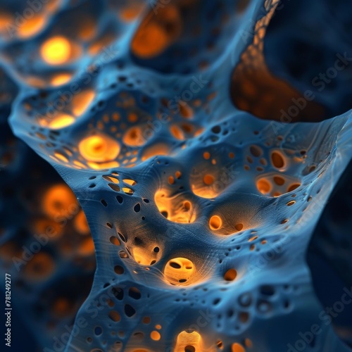 Glowing neural depiction for osteoporosis, set in the quietude of dark blue night