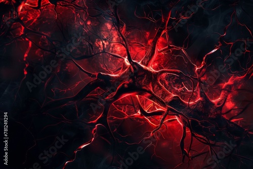 Sciatica nerve pain visualized with vibrant reds, against a tranquil dark backdrop photo