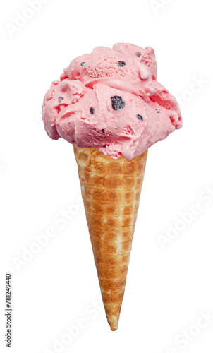 Strawberry Chocolate Chip Ice Cream Cone Isolated on Transparent Backdrop, PNG File