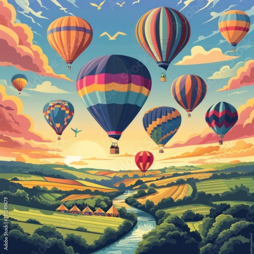 A painting of hot air balloons in the sky with a river below