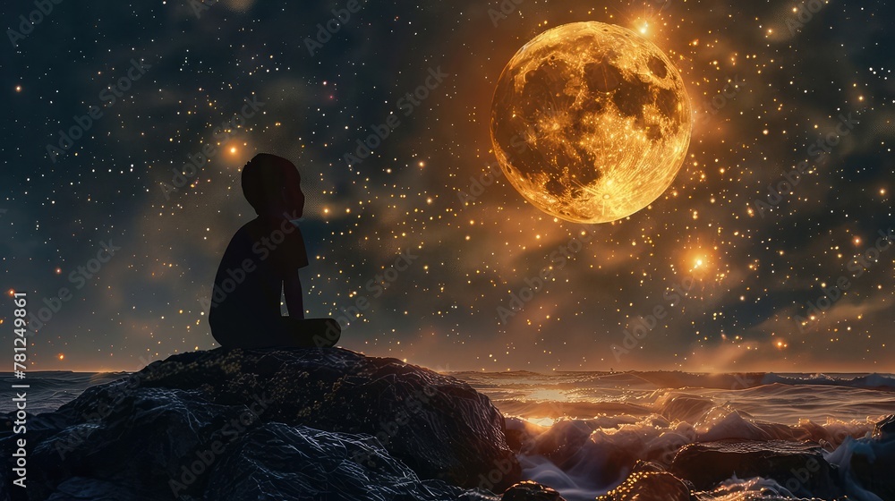 A child in silhouette sits on a rock under a bright full moon in a serene, starry night landscape.