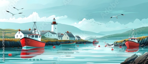 A painting of a harbor with a lighthouse and several boats