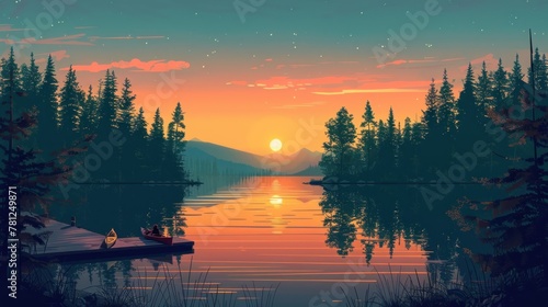 A beautiful sunset over a lake with a couple of people sitting on a dock