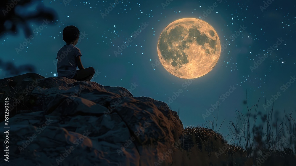 A child in silhouette sits on a rock under a bright full moon in a serene, starry night landscape.