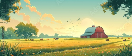 A red barn sits in a field with cows grazing in the background
