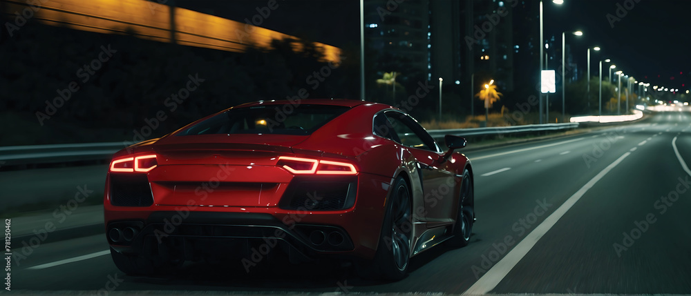red sports car is speeding down a road with lights in the background.