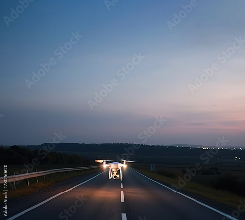 The drone flies at night on the road, illuminating with spotlights. AI generated. © Serhii