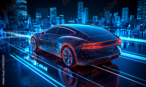 Futuristic Car Wireframe: Autonomous Tech & Dynamic Connectivity Visualization