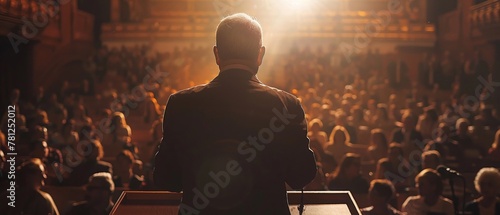 A politician giving a speech at a podium photo