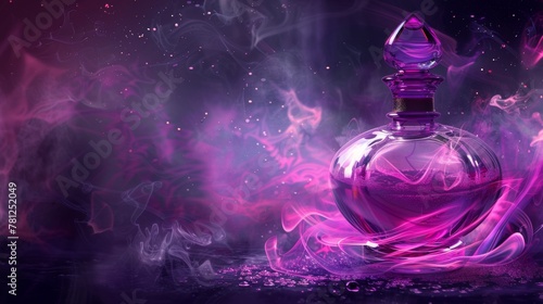 Perfume bottle, with purple and pink flames swirling around, exuding mystery and charm