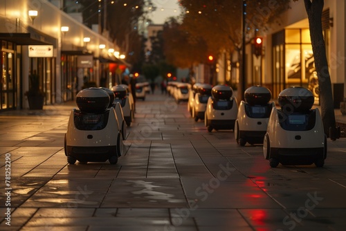 A fleet of delivery robots deployed in a shopping district for ondemand service photo