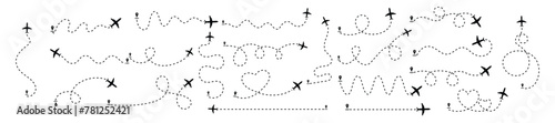 Travel concept from the start point and dotted line tracing icon set. Airplane line path icon. Plane paths. Aircraft tracking, planes, travel, map pins, location pins