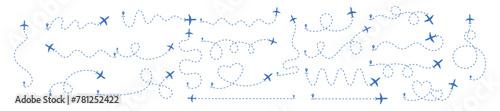 Travel concept from the start point and dotted line tracing icon set. Airplane line path icon. Plane paths. Aircraft tracking, planes, travel, map pins, location pins