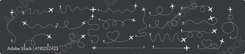 Airplane routes set. Plane dotted paths. Planes dotted flight pathways. Airplanes and location pins. Plane travel from the start point. Vector illustration.
