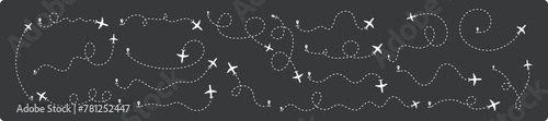 Airplane routes set, Airplane dotted route line the way airplanes, Travel concept from the start point, and dotted line tracing. Aircraft tracking, plane path, location pins. Vector  illustration.