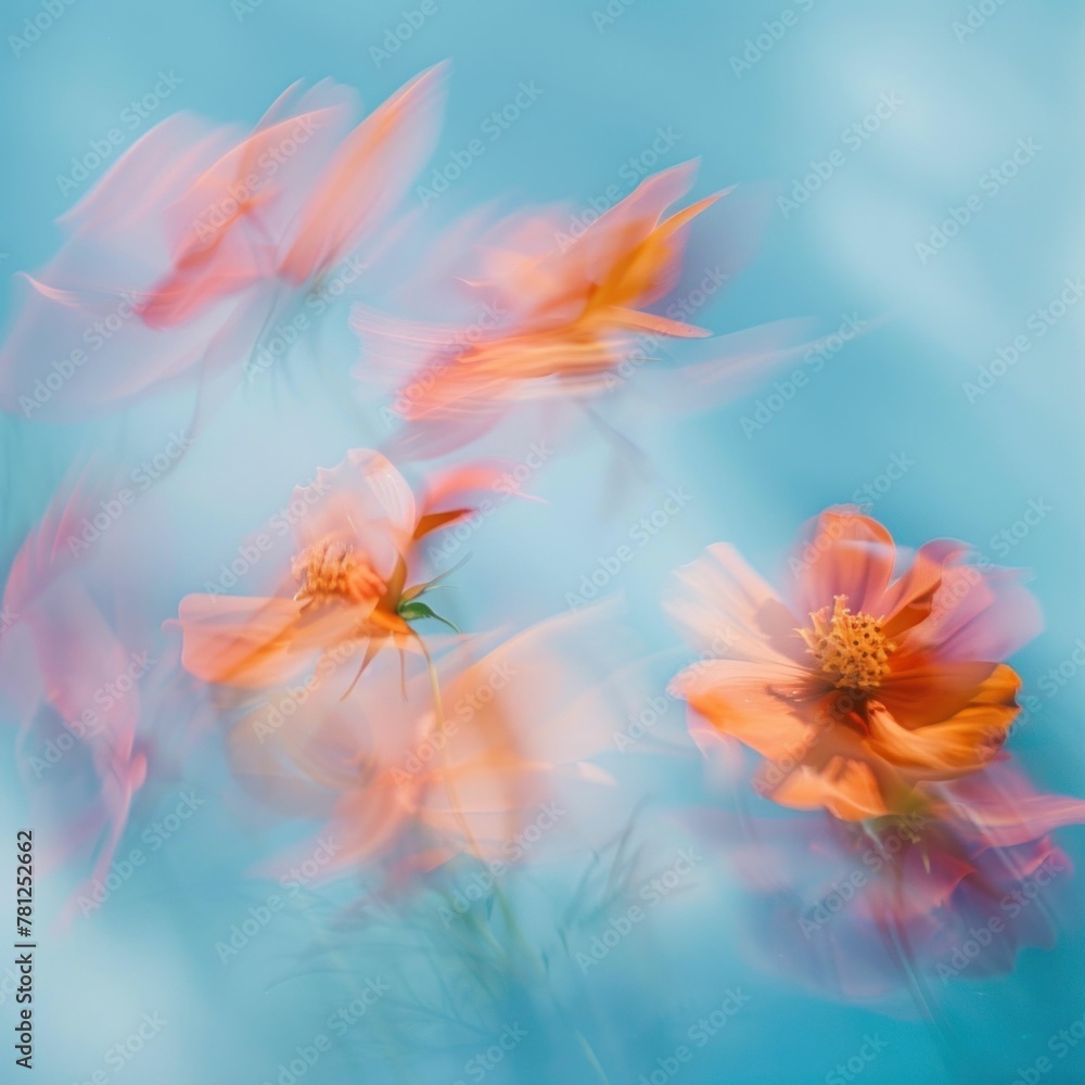 Vibrant Orange Flowers in a Blue Sky with Blurry Background Abstract Floral Nature Photography