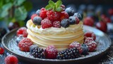   A close-up of a cake on a plate topped with raspberries