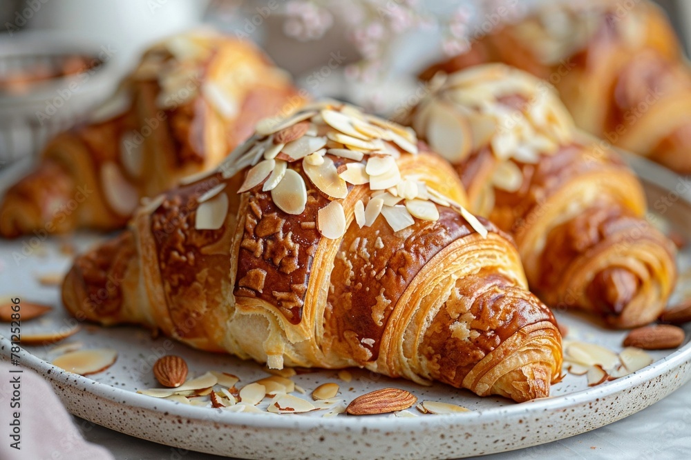 Flaky French croissants filled with almond paste and topped with sliced almonds