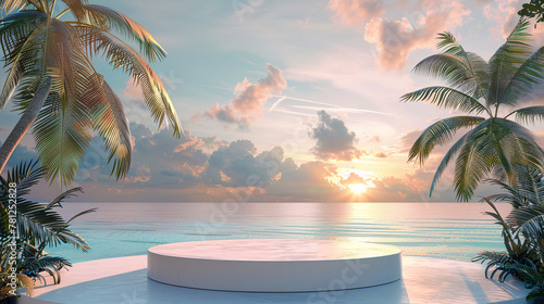 3D podium on a tropical beach with palm trees and a blue ocean background. A sunset sky with clouds. A panoramic banner for a summer vacation concept. Banner mock up design template 