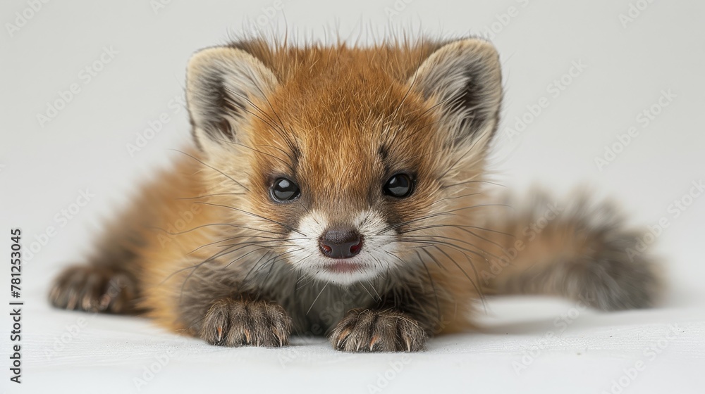   A small brown-white animal lying on a white surface with its paws on the ground