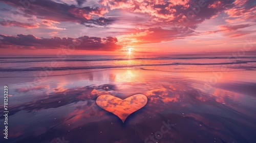 A heart-shaped sunset over a tranquil seascape, reflecting the peacefulness and serenity of love photo