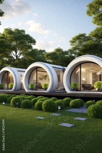 Innovative sustainable architectural exterior featuring futuristic design with elegant arches © Aliaksandra