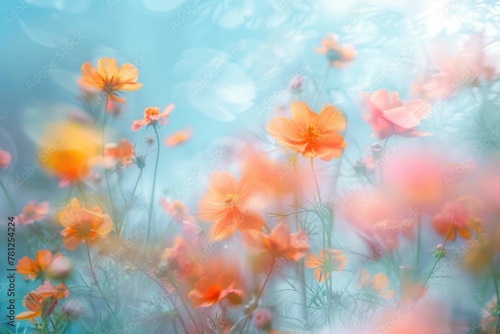 Beautiful Orange Cosmos Flowers in a Field with Blue Sky and Blurry Bokeh Effect Nature Background Photo Beautiful Orange Cosmos Flowers in a Field with Blue Sky and Blurry Bokeh Effect Nature Background Photo