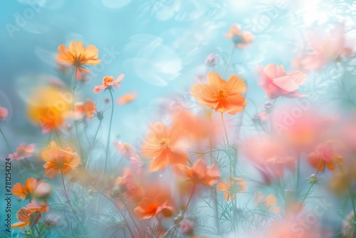 Beautiful Orange Cosmos Flowers in a Field with Blue Sky and Blurry Bokeh Effect Nature Background Photo © VICHIZH