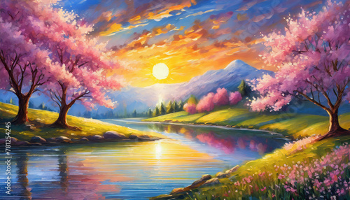 Oil painting of spring evening landscape with blooming pink trees and sun in the sky.