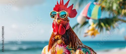 funny hen with Hawaiian shirt and beach toy