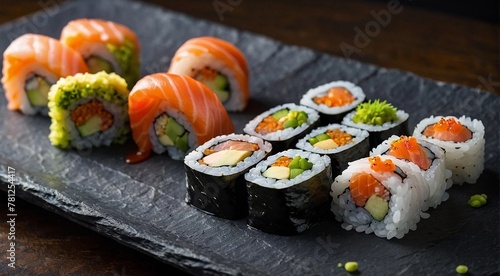 A plate of delicious sushi rolls is laid out on a slate platter. A series of sushi laid out on a black board.