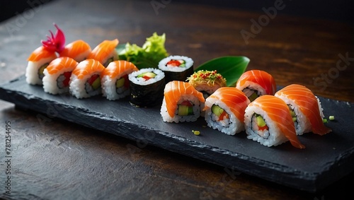 A plate of delicious sushi rolls is laid out on a slate platter. A series of sushi laid out on a black board.