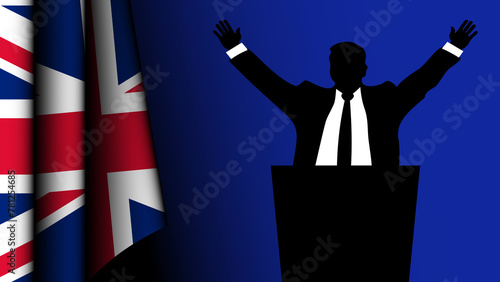 The silhouette of a politician raises his arms in a sign of victory, with the flag of the United Kingdom on the left