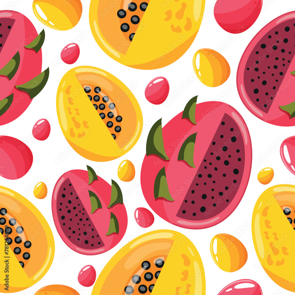 Easter seamless pattern with decorated eggs with dragon fruit, papaya and colorful eggs for holiday poster, textile or packaging Easter seamless pattern with decorated eggs with dragon fruit, papaya and colorful eggs for holiday poster, textile or packaging
