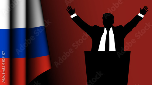 The silhouette of a politician raises his arms in a gesture of victory, with the Russian flag on the left