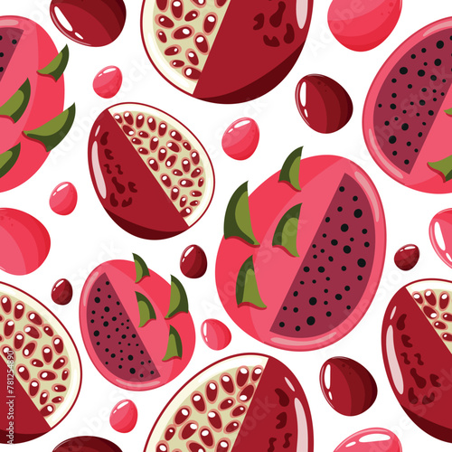 Easter seamless pattern with decorated eggs with dragon fruit, garnet and colorful eggs for holiday poster, textile or packaging	