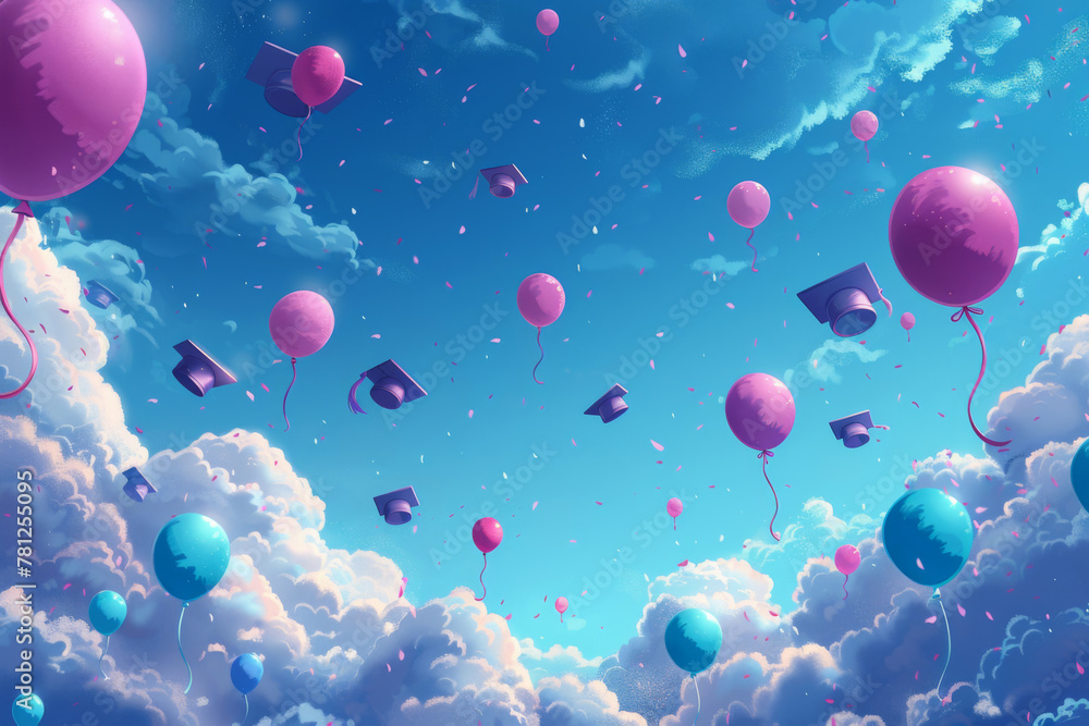 Flying balloons and confetti, and throwed graduation caps in sky, graduation event, cartoon illustration Flying balloons and confetti, and throwed graduation caps in sky, graduation event, cartoon illustration
