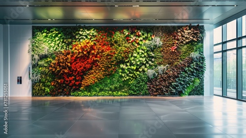 A living wall bursting with colorful, textured perennial plants, thriving inside a modern office building photo