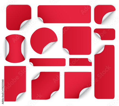 Set of round adhesive stickers with folded edges. Yellow paper sticker of different shapes with curled corners. Empty price tag templates. Mega savings, sale sticker set. Vector illustration.