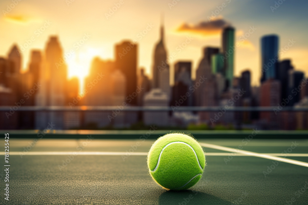 A tennis ball sitting on a tennis court in front of a city, Generative AI